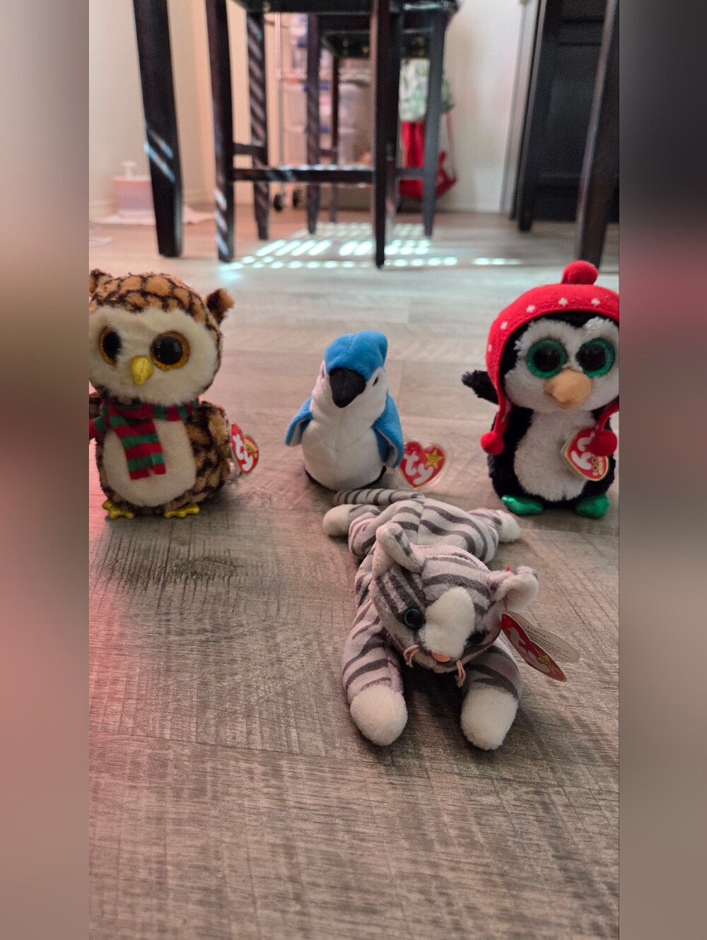 Ty Plush Set - Brown Owl, Blue Jay, Black & White Penguin, Gray Striped Tiger